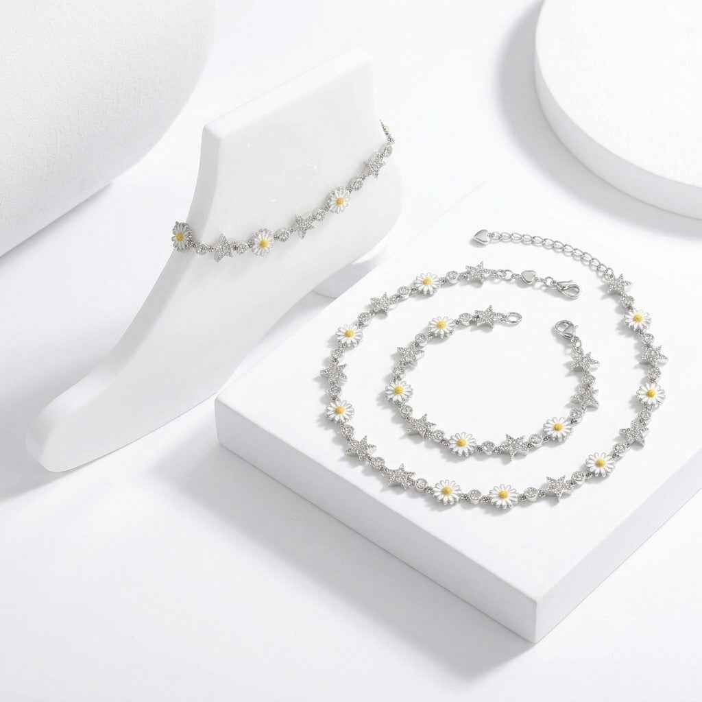 white enamel daisy flower & silver star link chain anklet set of 2 in 925 silver