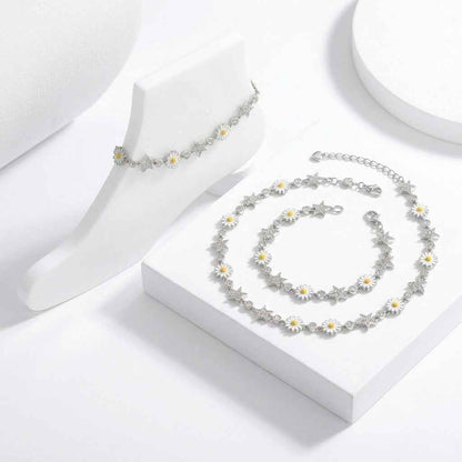White Enamel Daisy Flower & Silver Star Link Chain Anklet Set of 2 in 925 Silver