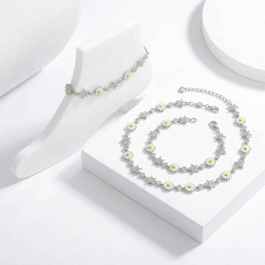 White Enamel Daisy Flower & Silver Star Link Chain Anklet Set of 2 in 925 Silver