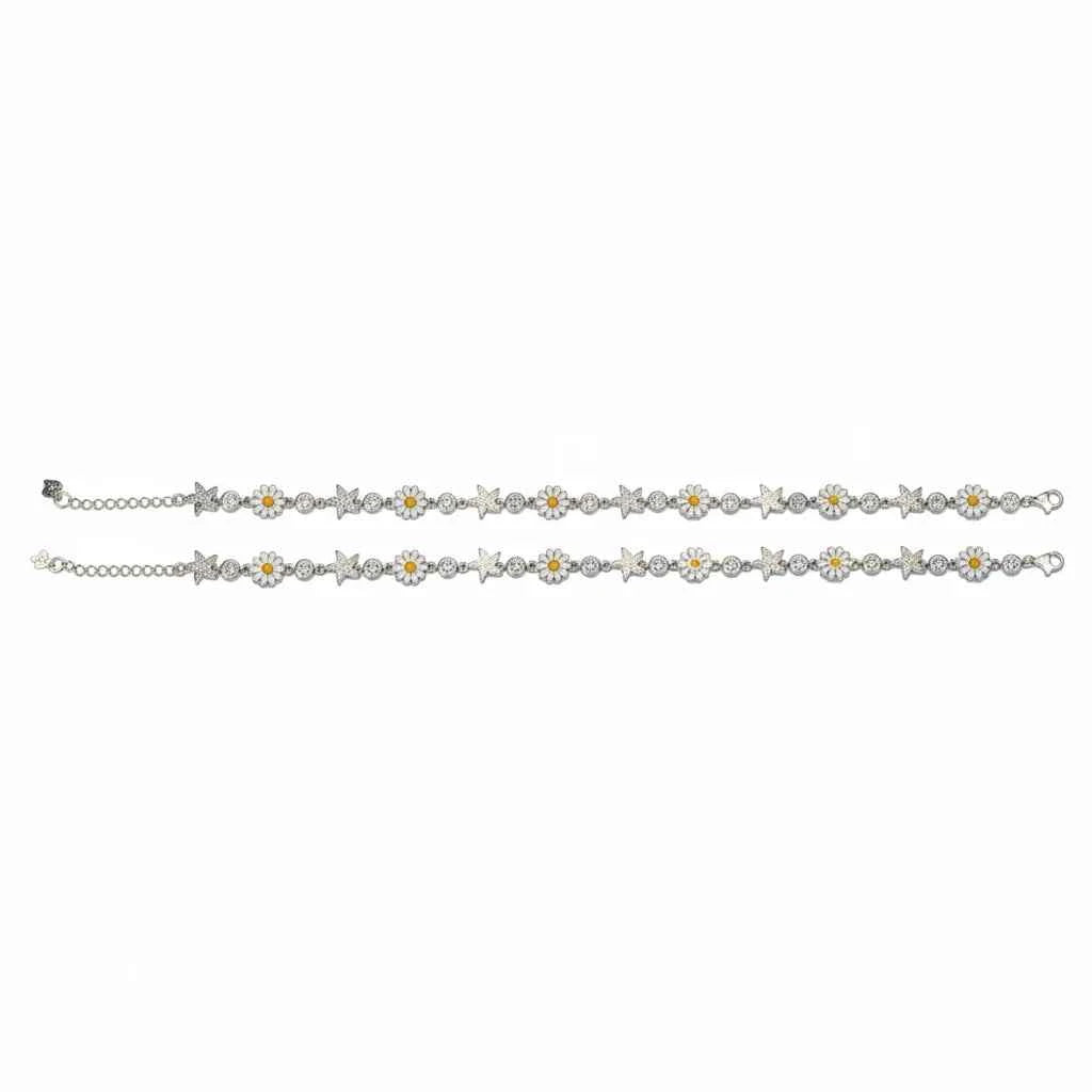 White Enamel Daisy Flower & Silver Star Link Chain Anklet Set of 2 in 925 Silver