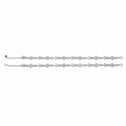 White Enamel Daisy Flower & Silver Star Link Chain Anklet Set of 2 in 925 Silver