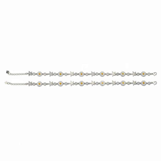 White Enamel Daisy Flower & Silver Star Link Chain Anklet Set of 2 in 925 Silver
