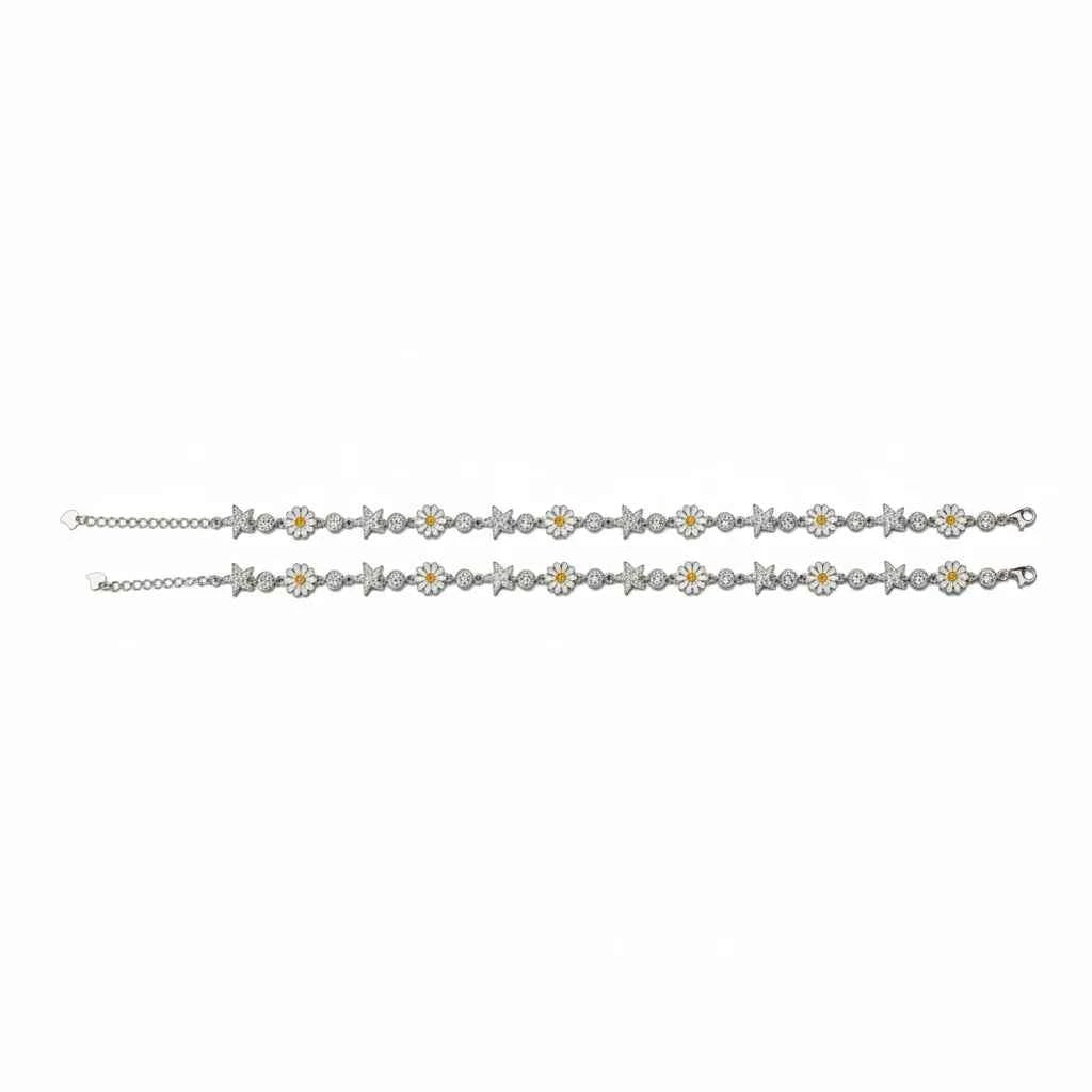 White Enamel Daisy Flower & Silver Star Link Chain Anklet Set of 2 in 925 Silver