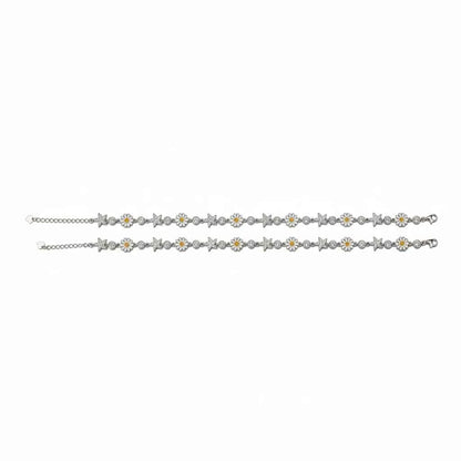 White Enamel Daisy Flower & Silver Star Link Chain Anklet Set of 2 in 925 Silver