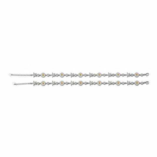 White Enamel Daisy Flower & Silver Star Link Chain Anklet Set of 2 in 925 Silver