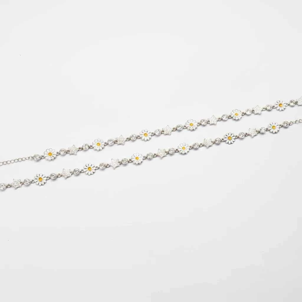 white enamel daisy flower & cz star charm dangler station chain anklet set of 2 in 925 silver