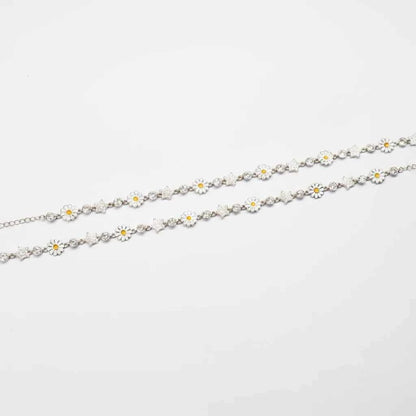 White Enamel Daisy Flower & CZ Star Charm Dangler Station Chain Anklet Set of 2 in 925 Silver