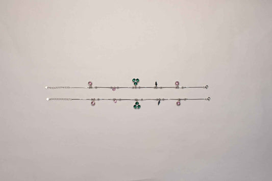 Green Enamel Clover Charm Anklet for Women | 925 Sterling Silver Payal