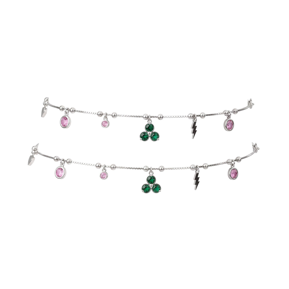 shyni jewelry silver charm anklet featuring green enamel clover, pink crystals, and a lightning bolt charm.
