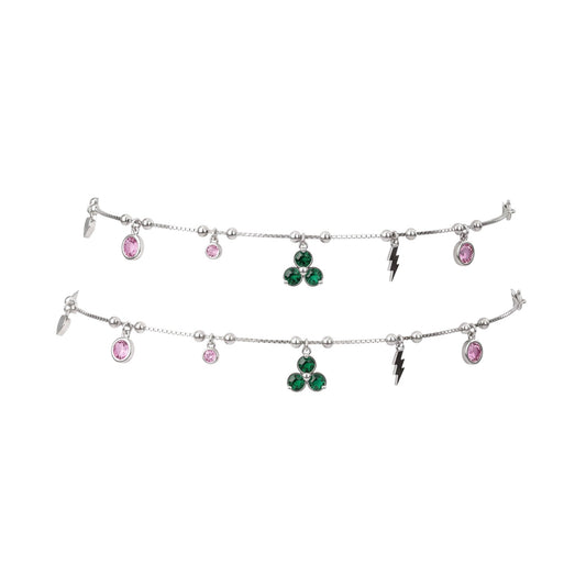 Shyni Jewelry silver charm anklet featuring green enamel clover, pink crystals, and a lightning bolt charm.