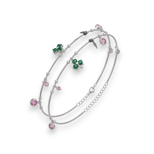 Green Enamel Clover Charm Anklet for Women | 925 Sterling Silver Payal