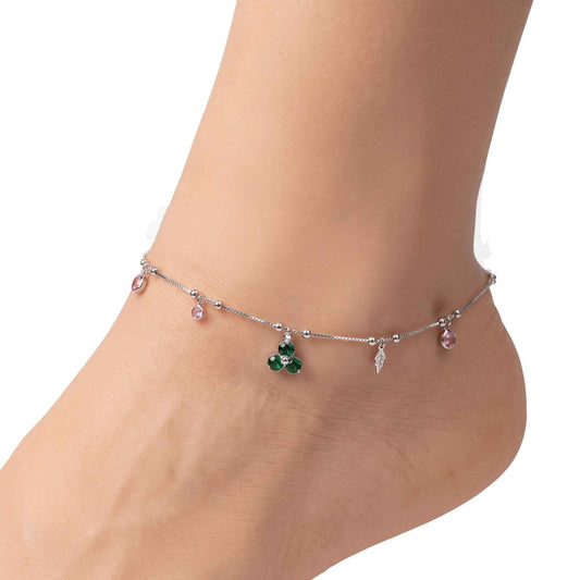 Green Enamel Clover Charm Anklet for Women | 925 Sterling Silver Payal