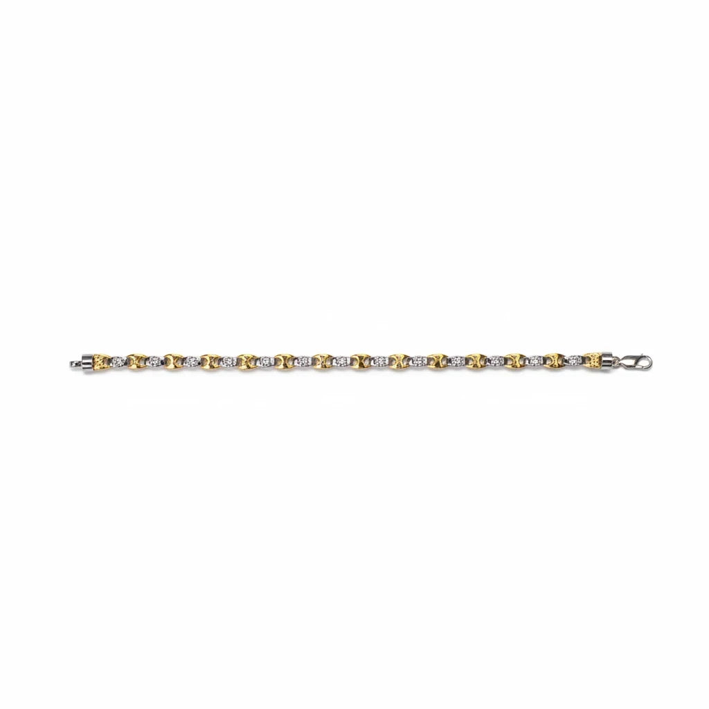 shyni jewelry men's two-tone bracelet featuring a repeating gold and silver greek key pattern with a lobster clasp.