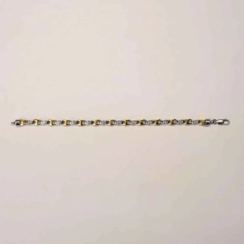 two tone greek key & cz link bracelet for men in 925 silver & gold