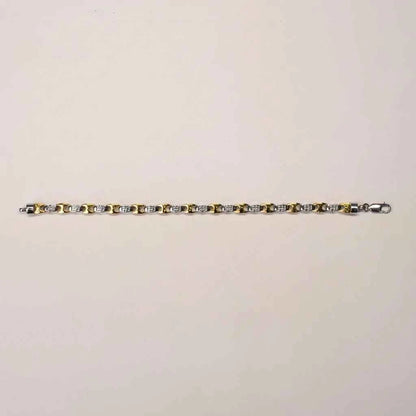 Two Tone Greek Key & CZ Link Bracelet for Men in 925 Silver & Gold