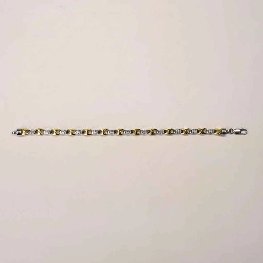 Two Tone Greek Key & CZ Link Bracelet for Men in 925 Silver & Gold