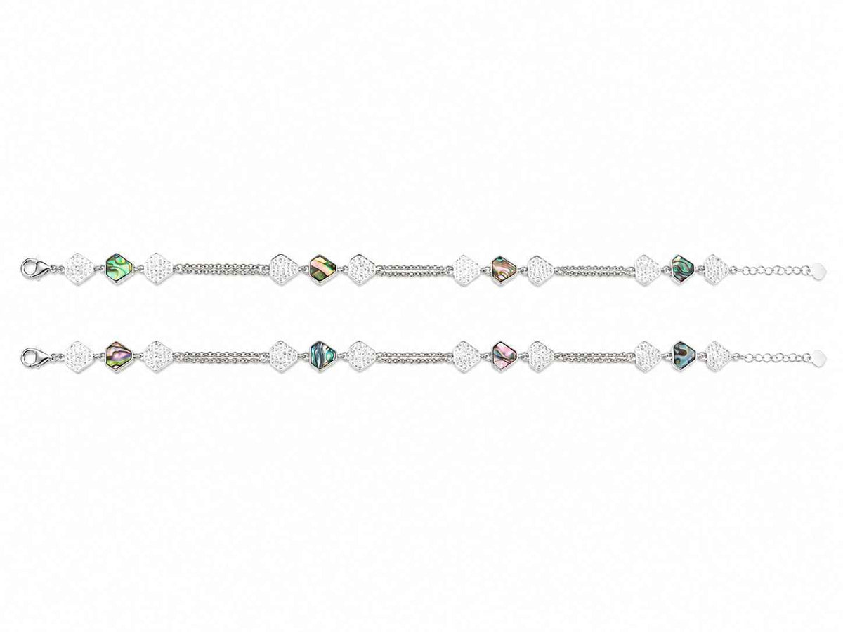 Abalone Shell & CZ Hexagon Link Double Chain Anklet in 925 Silver