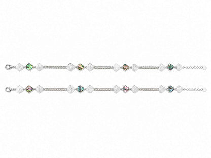 Abalone Shell & CZ Hexagon Link Double Chain Anklet in 925 Silver