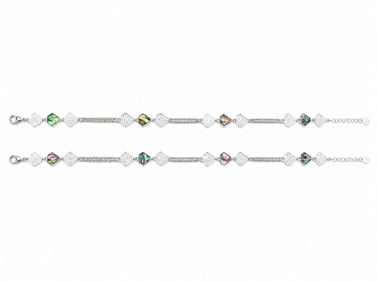 Abalone Shell & CZ Hexagon Link Double Chain Anklet in 925 Silver