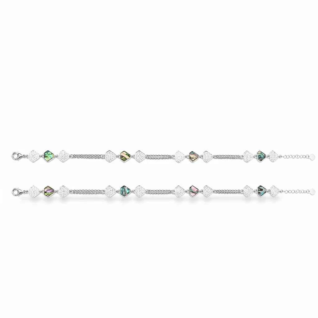 abalone shell & cz hexagon link double chain anklet in 925 silver