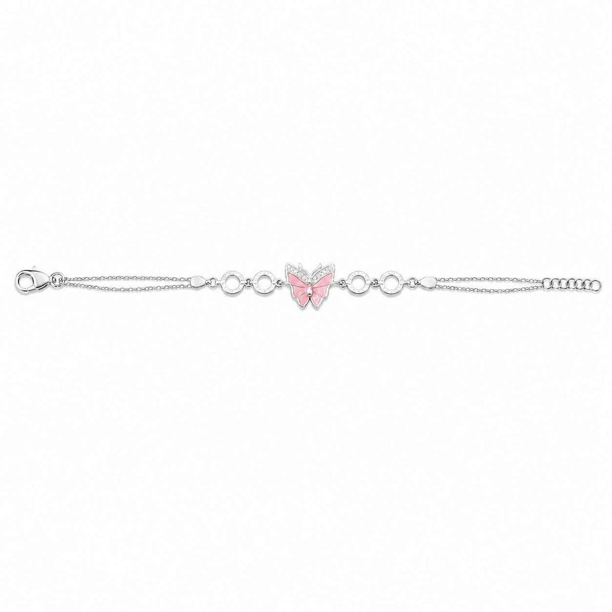 pink enamel butterfly cz double chain bracelet in 925 silver