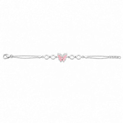 Pink Enamel Butterfly CZ Double Chain Bracelet in 925 Silver