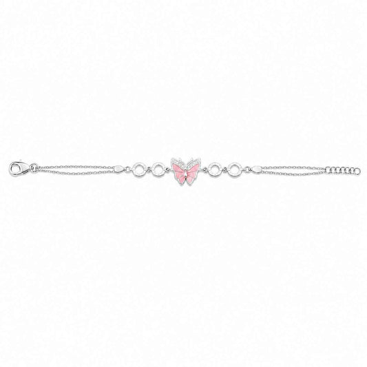 Pink Enamel Butterfly CZ Double Chain Bracelet in 925 Silver