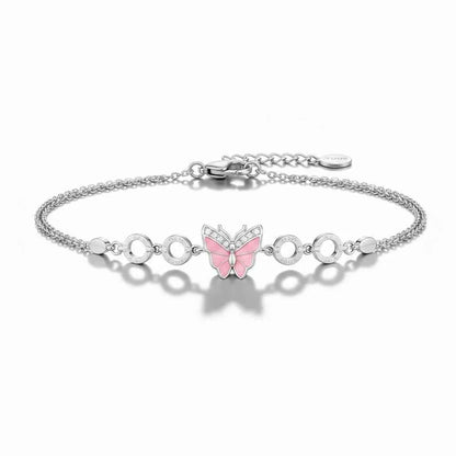 Pink Enamel Butterfly CZ Double Chain Bracelet in 925 Silver