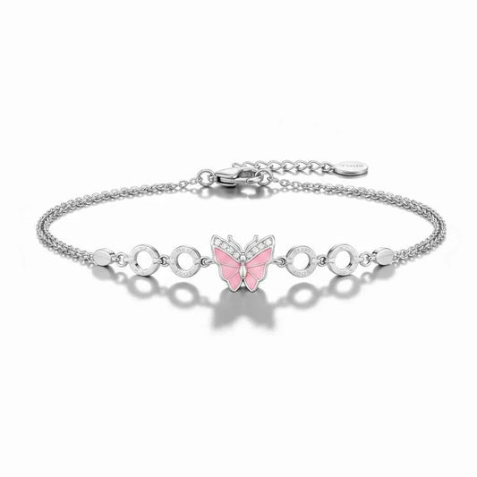 Pink Enamel Butterfly CZ Double Chain Bracelet in 925 Silver