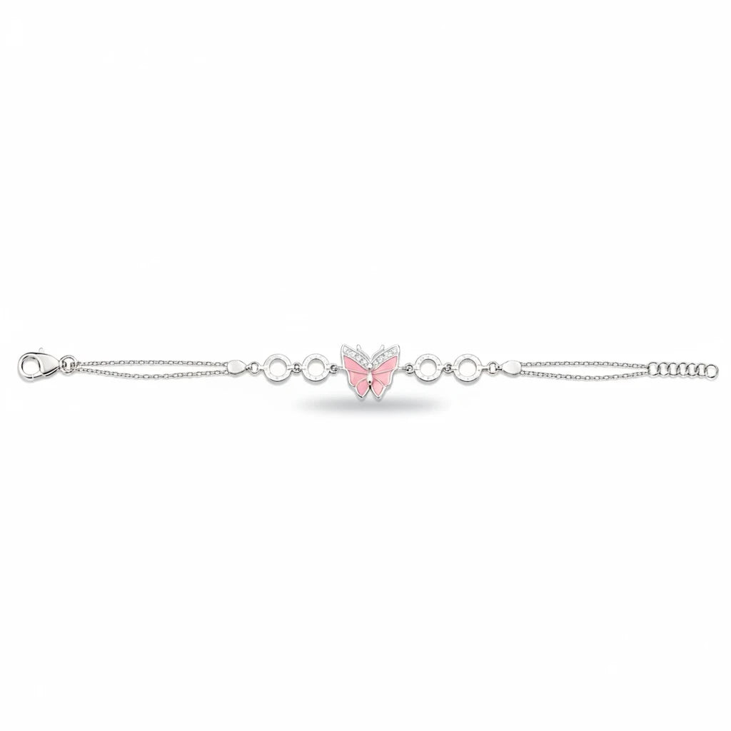 Shyni Jewelry delicate silver chain bracelet featuring a pink enamel butterfly charm with small sparkling accents