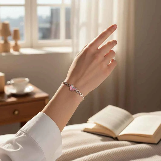 Pink Enamel Butterfly CZ Double Chain Bracelet in 925 Silver