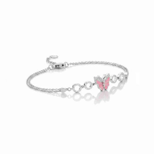 Pink Enamel Butterfly CZ Double Chain Bracelet in 925 Silver