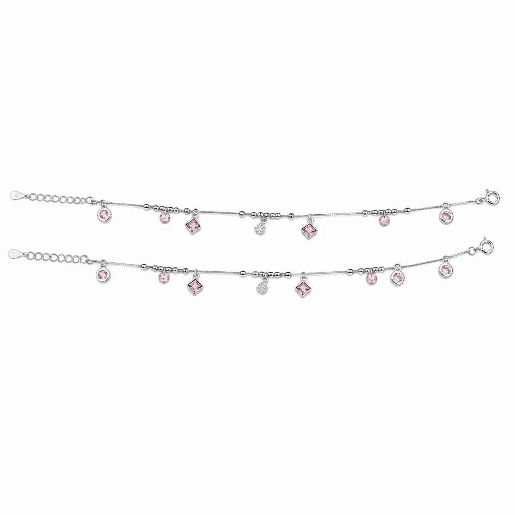 pink cz mixed charm dangler satellite chain anklet set of 2 in 925 silver