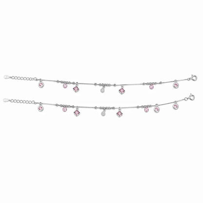 Pink CZ Mixed Charm Dangler Satellite Chain Anklet Set of 2 in 925 Silver