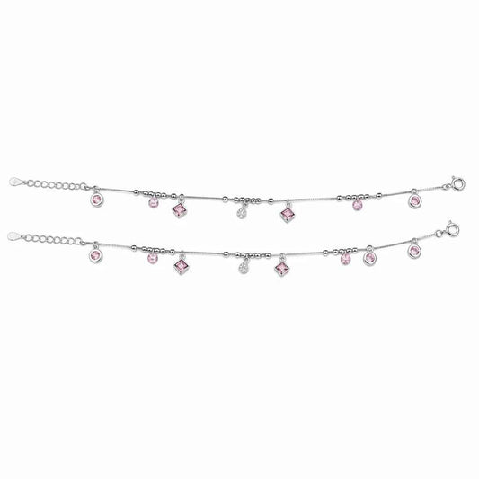 Pink CZ Mixed Charm Dangler Satellite Chain Anklet Set of 2 in 925 Silver