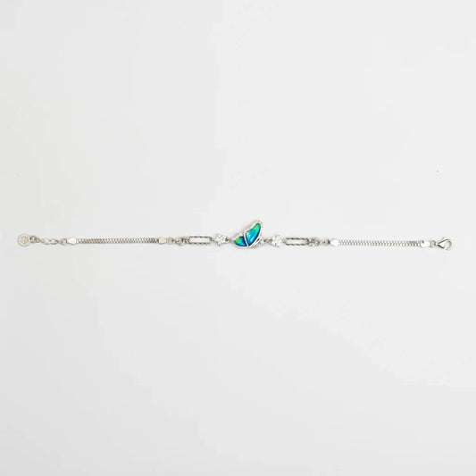 Shyni Jewelry silver bracelet featuring a delicate bee charm with iridescent green and blue wings and crystal accents