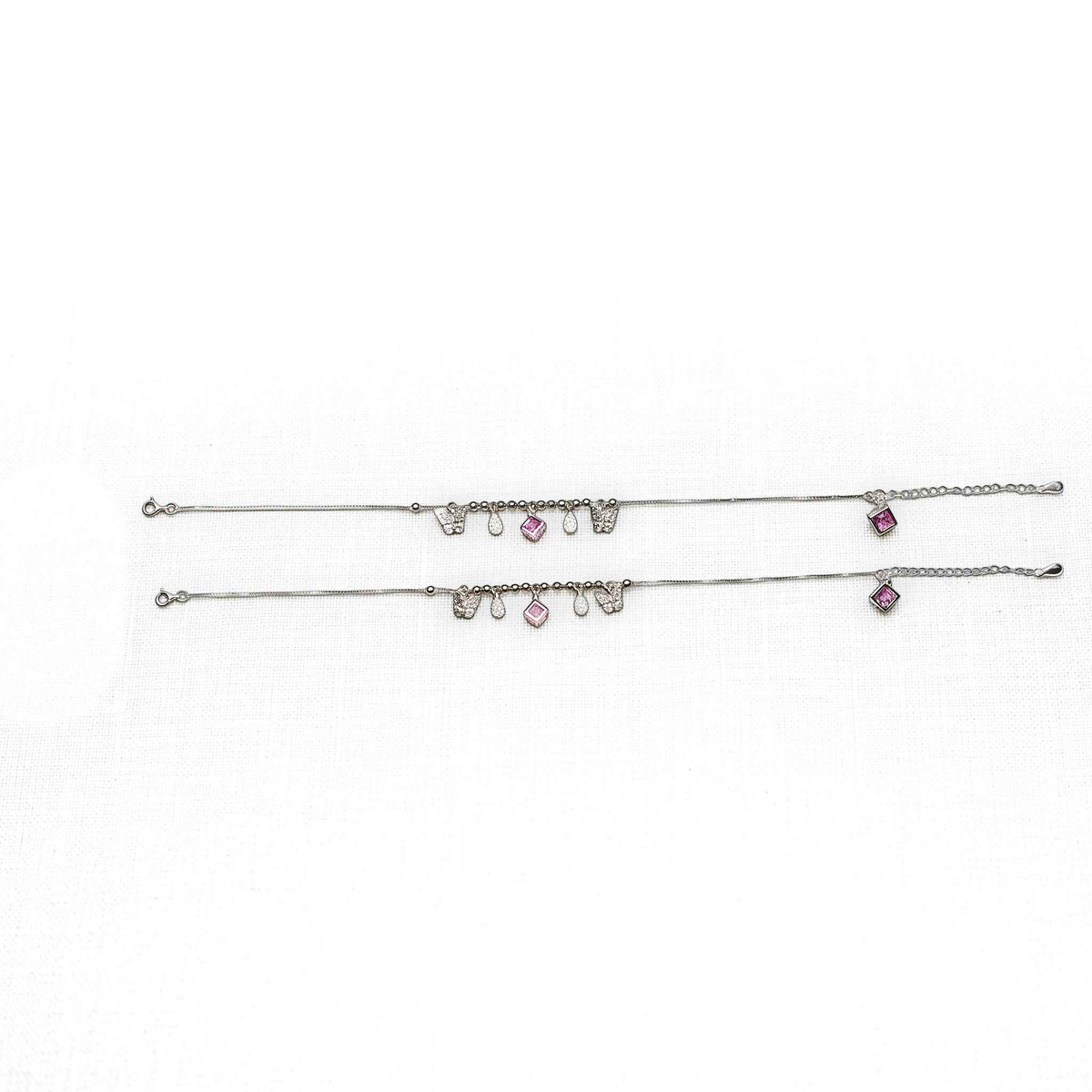 Pink CZ Butterfly & Star Cut Drop Charm Dangler Satellite Chain Anklet Set of 2 in 925 Silver