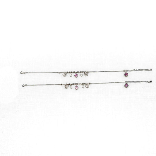 Pink CZ Butterfly & Star Cut Drop Charm Dangler Satellite Chain Anklet Set of 2 in 925 Silver