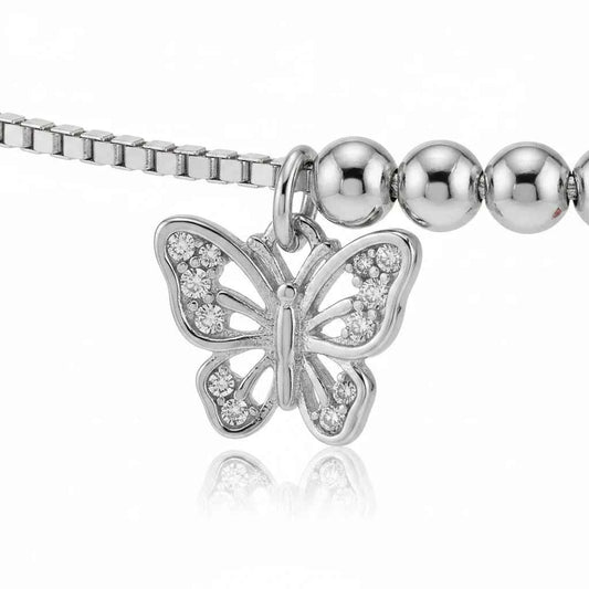 Ruby Red CZ Butterfly & Diamond Drop Charm Dangler Satellite Chain Anklet Set of 2 in 925 Silver