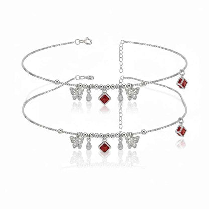 Ruby Red CZ Butterfly & Diamond Drop Charm Dangler Satellite Chain Anklet Set of 2 in 925 Silver