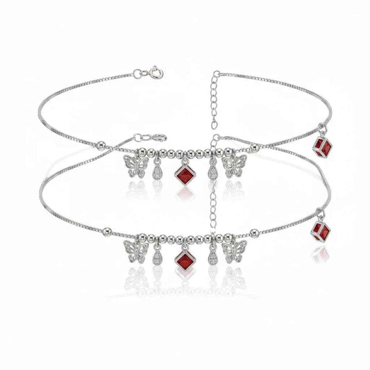 Ruby Red CZ Butterfly & Diamond Drop Charm Dangler Satellite Chain Anklet Set of 2 in 925 Silver