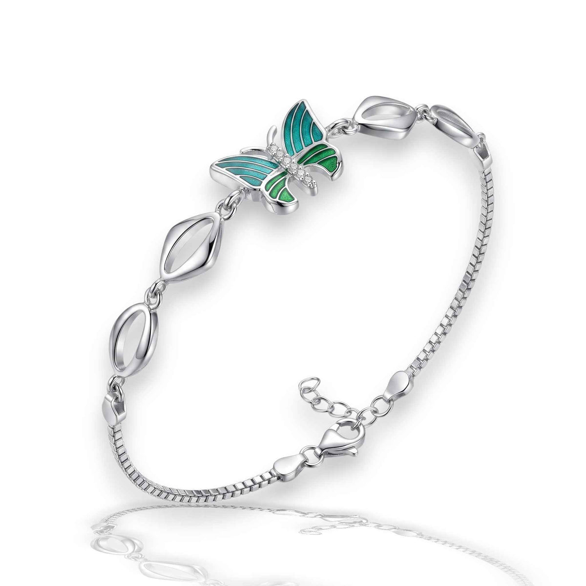 Green Enamel Butterfly & Marquise Link Bracelet in 925 Silver