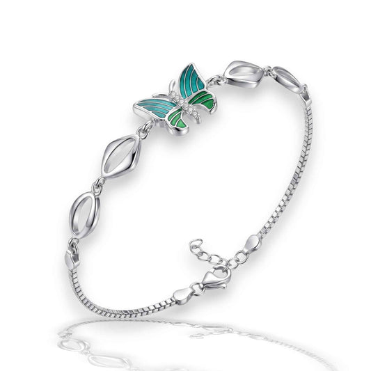 Green Enamel Butterfly & Marquise Link Bracelet in 925 Silver