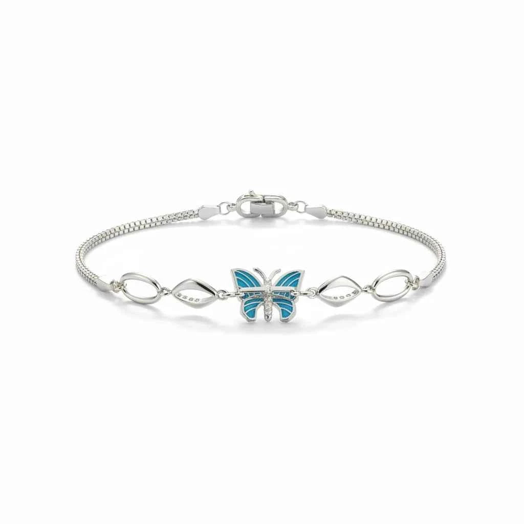 Teal Enamel Butterfly & Marquise Link Bracelet in 925 Silver