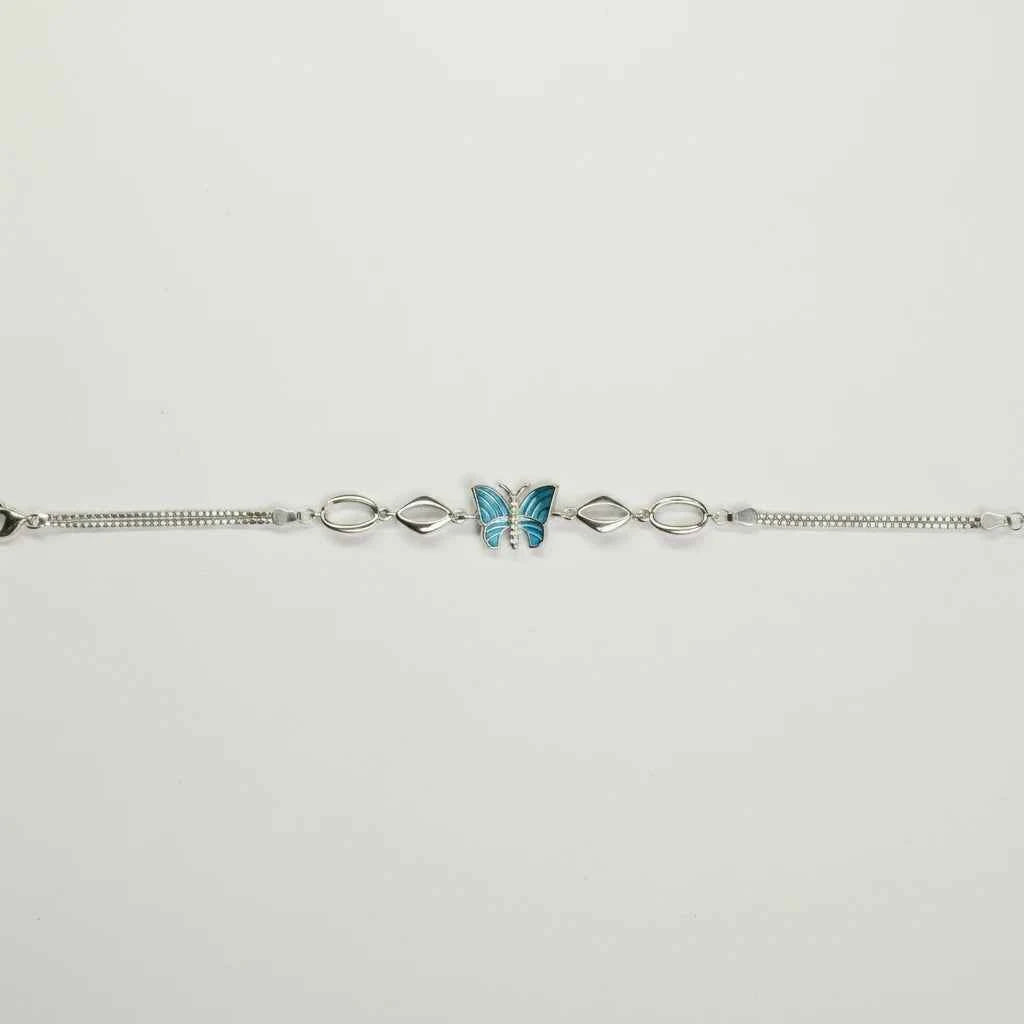 Teal Enamel Butterfly & Marquise Link Bracelet in 925 Silver