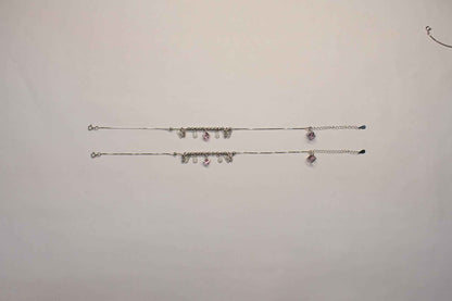 Pink CZ Butterfly & Star Cut Drop Charm Dangler Satellite Chain Anklet Set of 2 in 925 Silver
