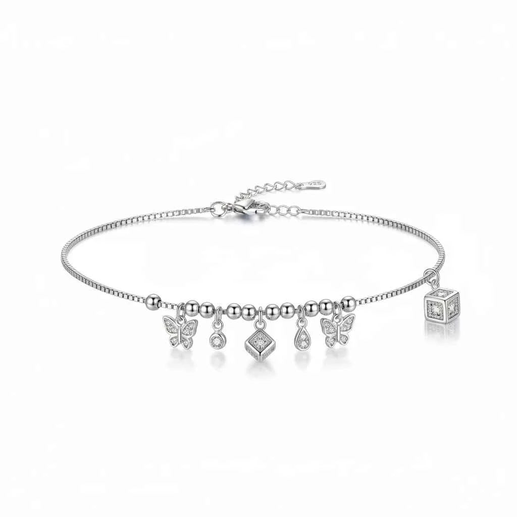 Butterfly Charm Anklet for Women | 925 Sterling Silver Payal with CZ Drops