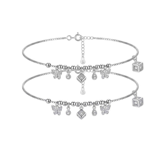Butterfly Charm Anklet for Women | 925 Sterling Silver Payal with CZ Drops