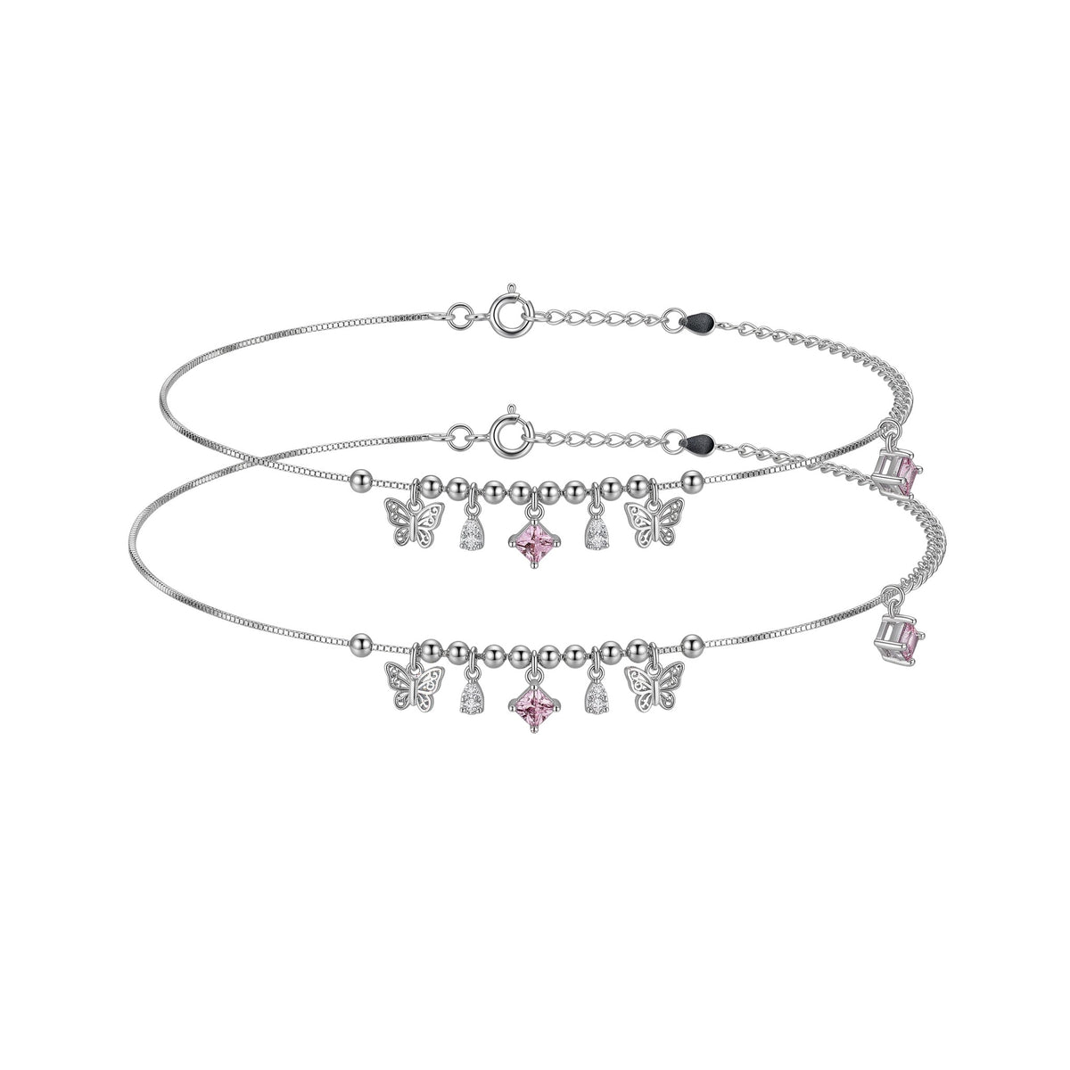 Shyni Jewelry silver charm anklet featuring delicate butterfly charms, pink square crystals, and small bead accents.