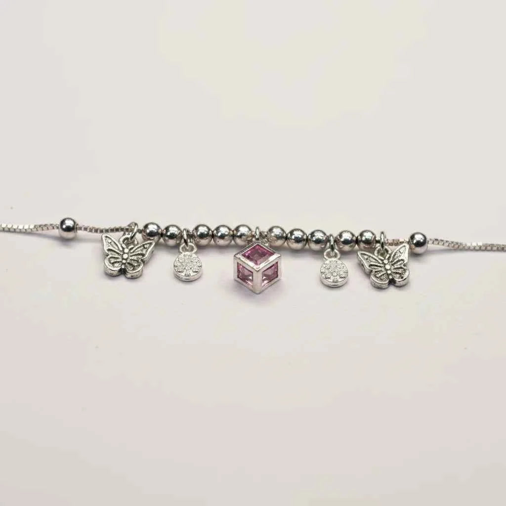 Pink CZ Butterfly & Star Cut Drop Charm Dangler Satellite Chain Anklet Set of 2 in 925 Silver